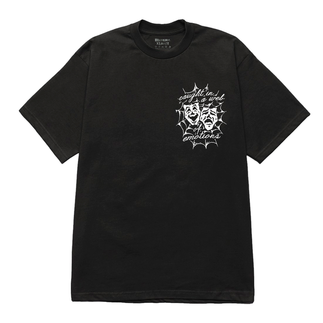 国内で当店のみ Misery - STRESSED GRAPHIC PRINT BLACK T-SHIRT MISERYWEBOFEMOBACKFRONT_1200x6